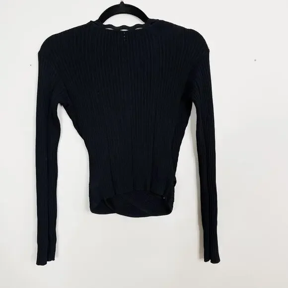 Jonathan Simkhai Ribbed Knit Wrap Long Sleeve Cropped Top Sweater Black XSmall